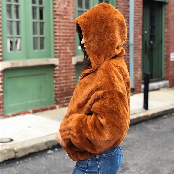 Last 1✨Caramel Brown Hoody Faux Fur Bomber Jacket - Picture 7 of 8
